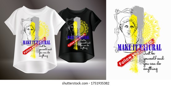 Vector realistic illustration of women's t-shirts with fashionable pattern. Isolated objects. Portrait of Venus de Milo on a T-shirt.