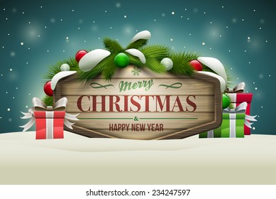 Vector realistic illustration of wooden christmas message board. Elements are layered separately in vector file.