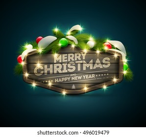 Vector realistic illustration of wooden Christmas and New Year message board. Elements are layered separately in vector file.