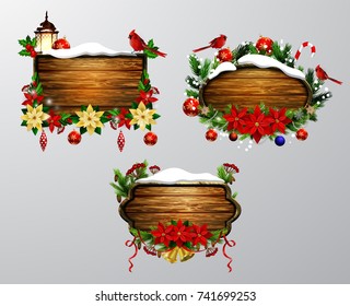 Vector realistic illustration of wooden christmas board set with christmas tree Cardinal bird and decorations