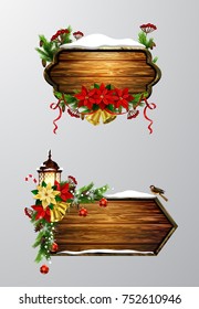 Vector realistic illustration of wooden christmas board set with christmas tree sparrow bird and decorations