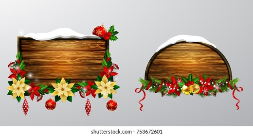 Vector realistic illustration of wooden christmas message board set with christmas tree and decorations