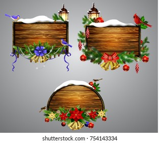 Vector realistic illustration of wooden christmas board set with christmas tree Cardinal sparrow and tomtit birds and decorations