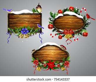 Vector realistic illustration of wooden christmas board set with christmas tree Cardinal and tomtit birds and decorations