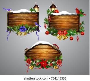 Vector realistic illustration of wooden christmas board set with christmas tree Cardinal and tomtit birds and decorations