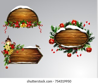 Vector realistic illustration of wooden christmas board set with christmas tree sparrow bird and decorations