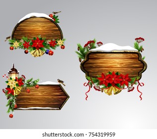 Vector realistic illustration of wooden christmas board set with christmas tree sparrow bird and decorations