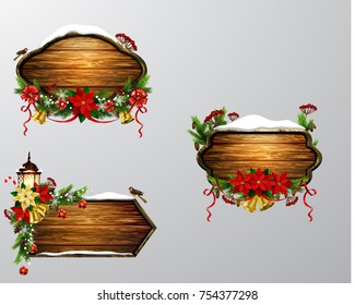 Vector realistic illustration of wooden christmas board set with christmas tree sparrow bird and decorations