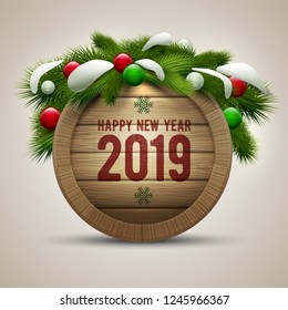 Vector realistic illustration of wooden Happy New Year 2019 message board. Elements are layered separately in vector file.