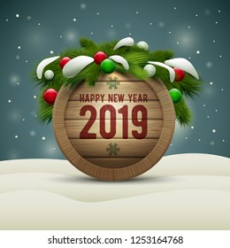Vector realistic illustration of wooden Happy New Year 2019 message board. Elements are layered separately in vector file.