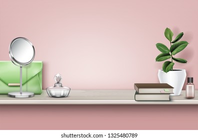 Vector realistic illustration of wooden shelf with books, flowerpot with plant, perfume, mirror, handbag and empty place isolated on pink wall background. Set of women's accessories