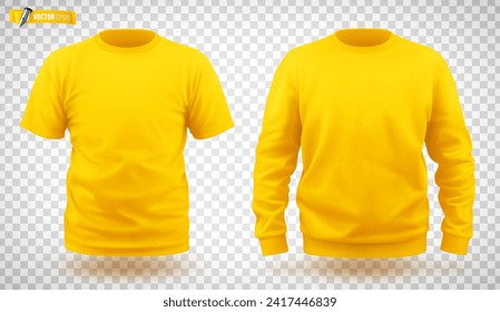 Vector realistic illustration of yellow sweat-shirt and t-shirt on a transparent background.