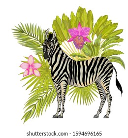 Vector realistic illustration of zebra with tropical background of tropical trees flowers and leaves