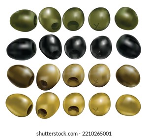 
Vector realistic illustrations set of green and black olives isolated on white background. Design for olives, olive oil, natural cosmetics, health care products,homeopathy. 