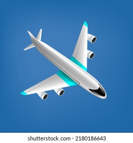 Vector realistic image of an airplane on a blue background. Illustration of the operation of the aircraft . Symbol of speed, flight, movement