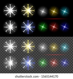 Vector realistic image of bright multicolored stars with transparent color flares