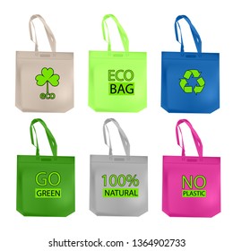 Vector realistic image of color reusable bags. Vector illustration of ecological shopping bags.