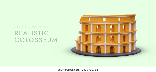 Vector realistic image of Colosseum. Acquaintance with famous architectural monuments of world. Advertising for holidays in Italy. Banner for travel agency. Illustrated template with space for text