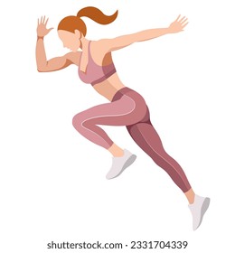 vector realistic image of a girl in a sports uniform (leggings and a sports bra) jogging, doing sports, running sprint, leading an active lifestyle isolated on white background. marathon preparation.