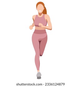 vector realistic image of a girl in a sports uniform (leggings and a sports bra) jogging, doing sports, running sprint, leading an active lifestyle isolated on white background. marathon preparation.