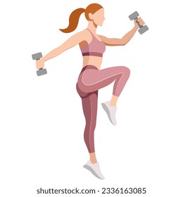 vector realistic image girl in a sports uniform (leggings and bra) is engaged in fitness, sports, aerobics, exercises with dumbbells, weights, leads an active lifestyle. isolated on white background.