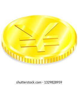 Vector realistic image of a of gold coin with the yen sign with a shadow on a white background