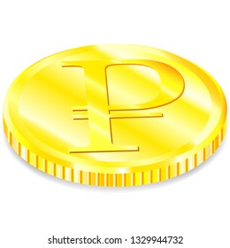 Vector realistic image of a of gold coin the with ruble sign with a shadow on a white background