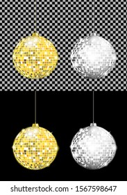 Vector realistic image of gold and silver disco balls with bright flares
