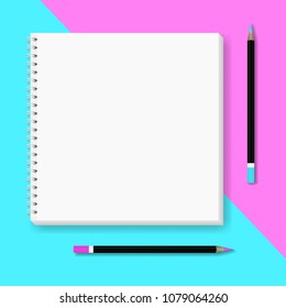 Vector realistic image (layout, mockup) of a notebook, two colored pencils on a blue and pink background. Abstract background in minimalism style. 3d. Template for your text. EPS 10.