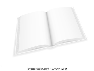 Vector realistic image (layout, mock-up) of an open hardcover book with white blank pages. View in perspective, the book turned pages to the viewer. The image is created using a gradient mesh. EPS 10.