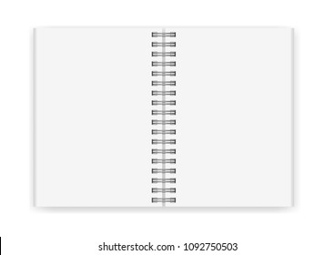 Vector realistic image (mock -up, layout) of an open notebook, top view. White sheets of paper, fastened with a silver spiral. Isolated on white, 3d. The image was created using a gradient mesh. EPS10