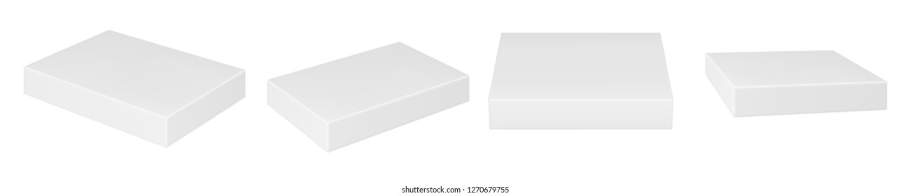 Vector realistic image (mock up, layout) of a closed empty rectangular paper (cardboard) box, perspective view, from different sides. Vector EPS 10.