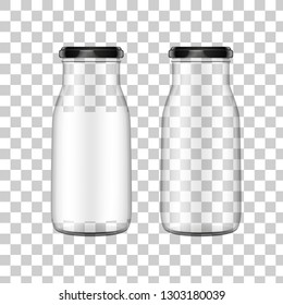 Vector realistic image (mock up, layout) of a transparent glass bottle with black lid. EPS 10.