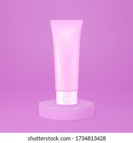 Vector realistic image (mock up, layout) of packaging for cosmetics. Stand, round podium, stage in a studio.  EPS 10.