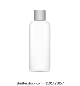 Vector realistic image (mock-up, layout) of plastic packaging for cosmetics, white with a dark lid. Bottle for liquid substances. The image is created using the gradient mesh. EPS 10.