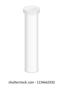 Vector realistic image (mock-up, layout, template) of packaging (aluminum bottle and cap) for vitamins, tablets, pills, view in perspective The image is created using a gradient mesh. Vector EPS 10