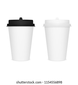 Vector realistic image (mockup, layout) of a white closed paper cup for coffee (or other beverages) with a black lid with a white lid. The image was created using gradient mesh. Vector EPS 10.