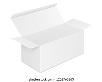 Vector realistic image (mock-up, layout) of blank open rectangular paper box. View in perspective. Isolated on white. The image was created using gradient mesh. Vector EPS 10.