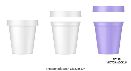 Vector realistic image (mockup, layout) of plastic package with a lid (cup) for food, beverages or cosmetics. EPS 10.