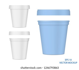 Vector realistic image (mockup, layout) of matt plastic packaging with a lid (cup) for food, beverages or cosmetics.The image was created using gradient mesh. EPS 10.