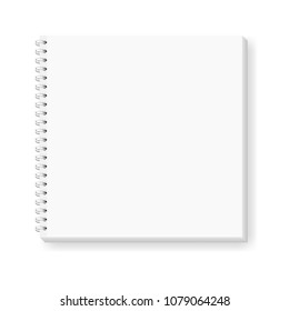 Vector realistic image (mockup) of a notepad located horizontally, top view.  White sheets of paper, fixed with a white spiral. Isolated on white, 3d. Layout of notebook, album for drawing. EPS10