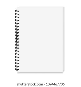 Vector realistic image (mock-up) of an open notebook, isolated on white, top view. White sheets of notebook, fastened with a black  spiral, shifted up and to the right, 3d. Vector EPS 10.