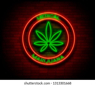 Vector realistic image of Neon Sign with Medical Marijuana leaf in red circles with text on dark brick wall background.