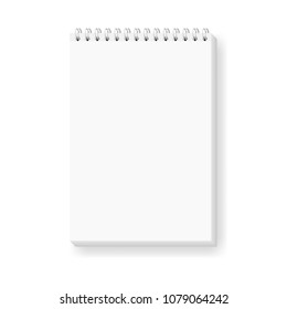 Vector realistic image of a notepad, located vertically, top view. White sheets of paper, fastened with a white spiral. Isolated on white, 3d. Notepad layout ( mockup ). Vector EPS 10 illustration.