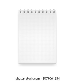 Vector realistic image of a notepad, located vertically, top view. White sheets of paper in a cage (cell lined), fastened with a white spiral. Isolated on white, 3d. Notepad layout. Vector EPS 10