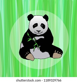 Vector realistic image of a panda on a green background with bamboo, can be used as a book illustration, in the design of postcards.