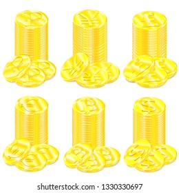 Vector realistic image set of a of golden coins the with various currency symbols world with a shadow on a white background
