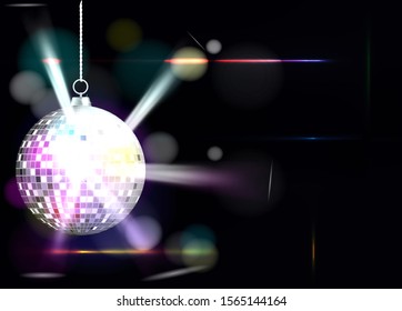 Vector realistic image of silver disco ball with bright color flares. Party invitations