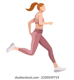 vector realistic image of a slim girl in a sports uniform (leggings and a sports bra) is engaged in fitness, sports, trains isolated on a white background. the woman is running. morning run. jogging.