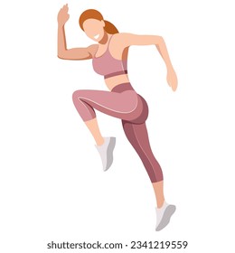 vector realistic image of a slim girl in a sports uniform (leggings and a sports bra) is engaged in fitness, sports, training, isolated on a white background. the girl is engaged in aerobics, jumping.